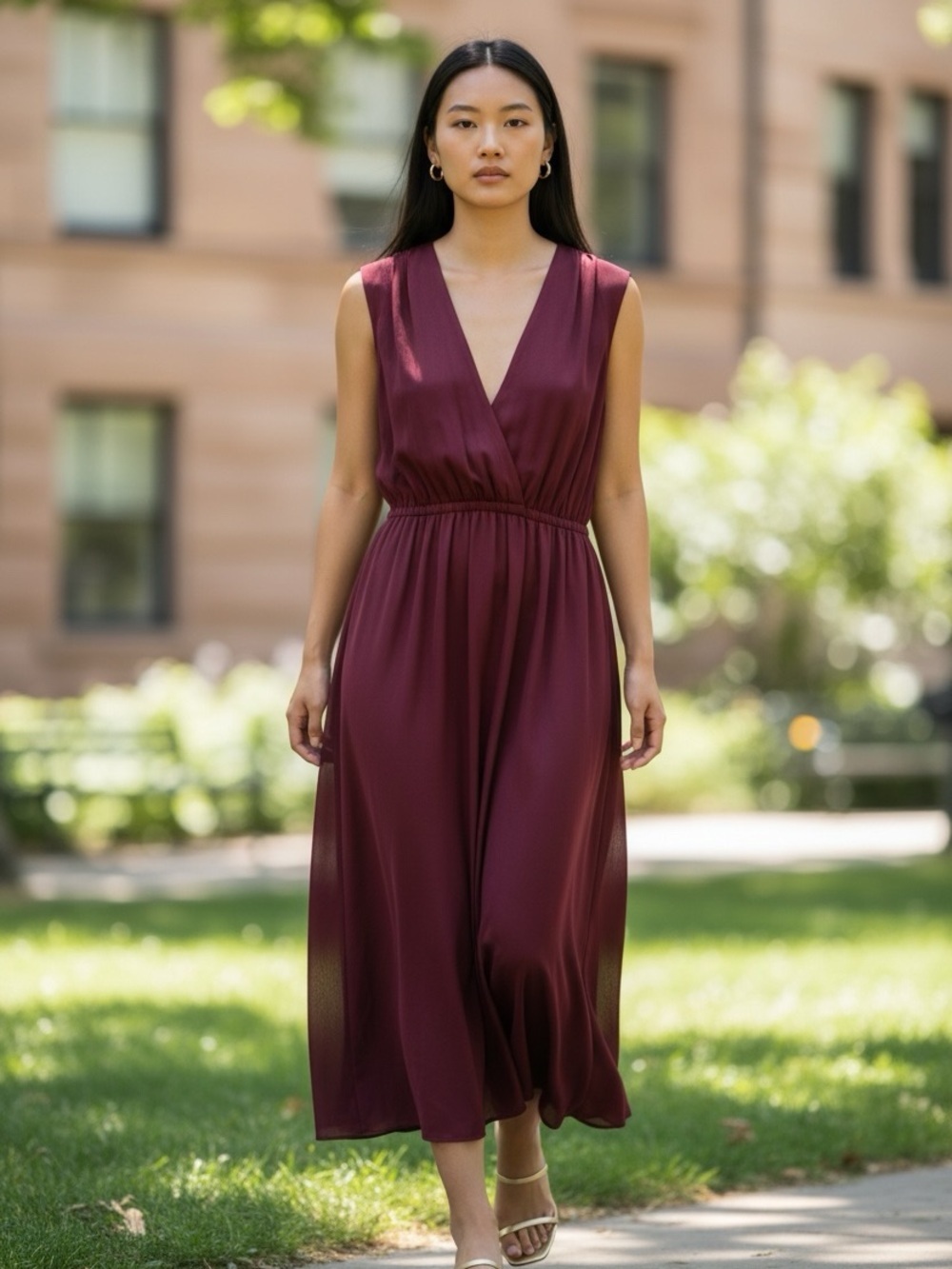 INDRESS Sleeveless V-Neck Burgundy Midi Dress 100% silk organic 
Large